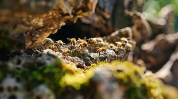 Close-up view of bees on a moss-covered log in a vibrant forest, showcasing nature's harmony photo