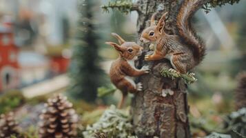 Two playful squirrels interacting on a tree in a vibrant forest scene with miniature houses photo