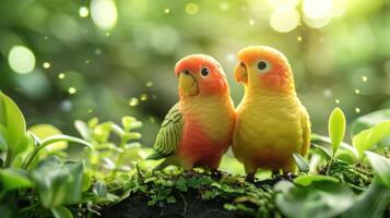 Two colorful parrots perched on a mossy log surrounded by lush greenery and soft sunlight photo