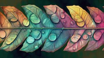 Colorful leaves with water droplets arranged in a vibrant pattern against a blurred background photo