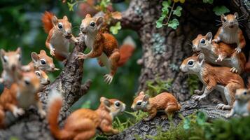 A lively gathering of playful squirrels on a mossy tree branch surrounded by lush greenery photo
