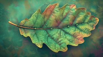 Close-up of a vibrant green oak leaf resting on a textured background, showcasing intricate details photo