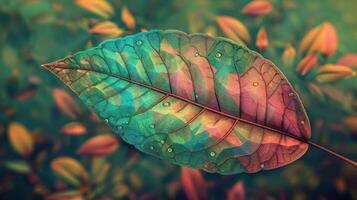 Vibrant close-up of a colorful leaf with water droplets, surrounded by lush foliage in a serene environment photo