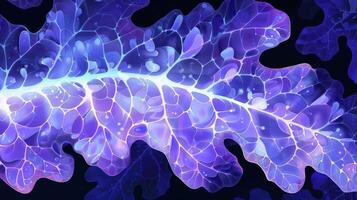 Vibrant digital illustration of a glowing leaf with intricate patterns against a dark background photo