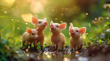 Four adorable piglets playfully exploring a lush, sunlit meadow with sparkling dew drops photo