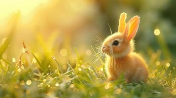 A cute rabbit sitting in a sunlit grassy field, surrounded by sparkling dew and a warm glow photo