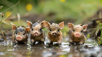 Four adorable piglets playfully splash in a muddy puddle surrounded by greenery photo