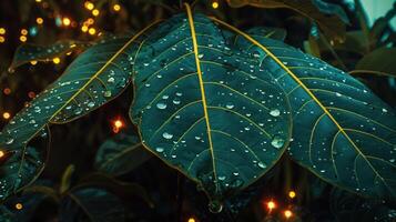 Close-up of lush green leaves with water droplets, surrounded by soft glowing lights in the background photo