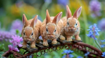 Three adorable rabbits made of ceramic sit on a rustic bridge surrounded by colorful flowers photo