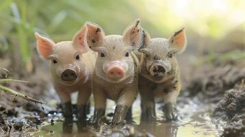 Three adorable piglets playfully wade through a muddy puddle in a lush green setting photo