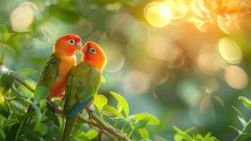 Two vibrant parrots perched closely on a branch amidst lush greenery and soft bokeh lighting photo