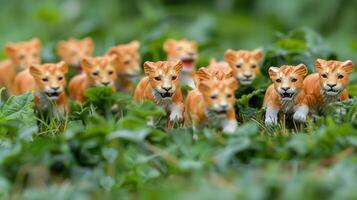 A playful scene featuring a group of toy lions moving through lush green grass in a vibrant outdoor setting, evoking a sense of adventure photo