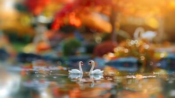 Serene scene of two swans gliding on a tranquil pond surrounded by vibrant autumn foliage photo