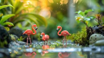 Three vibrant flamingo figurines wading in a serene pond surrounded by lush greenery photo