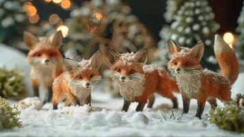 Four intricately detailed fox figurines in a snowy landscape with festive background lights photo