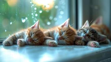 Three adorable sleeping kittens resting peacefully on a windowsill with raindrops in the background photo