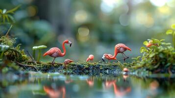 Vibrant flamingos wading through a lush, green wetland with reflections in calm water photo