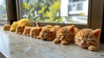 A row of adorable sleeping kittens resting peacefully on a windowsill with sunlight streaming in photo