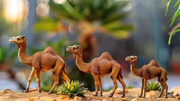 Three intricately detailed camel figurines positioned on sandy terrain with blurred greenery in the background photo