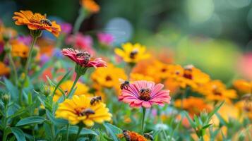 Vibrant garden filled with colorful flowers and busy bees pollinating against a soft-focus background photo