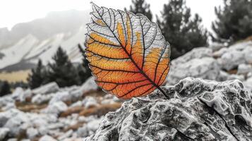 Delicate autumn leaf resting on rocky terrain with blurred mountain backdrop and pine trees photo