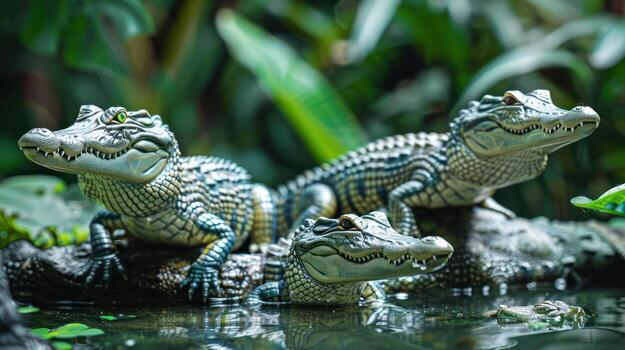 Three realistic crocodile figurines resting on a log in a lush, green jungle setting photo