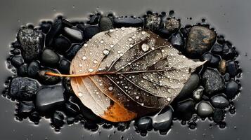 Close-up of a wet leaf resting on smooth black stones with droplets reflecting light photo