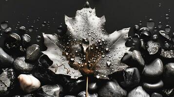 Close-up of a wet autumn leaf resting on smooth black pebbles with water droplets, creating a serene ambiance photo