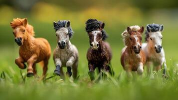 Five toy horses galloping through lush green grass, with a blurred colorful background photo