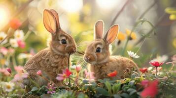 Two adorable rabbits interact among vibrant flowers in a sunlit garden during springtime photo