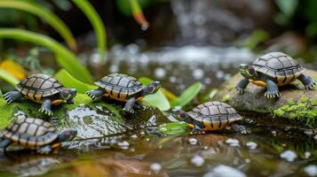 A serene scene featuring toy turtles resting on rocks by a tranquil pond surrounded by lush greenery photo