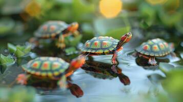 Colorful turtles basking on water's surface surrounded by lush greenery and sunlight reflections photo