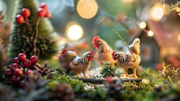 Miniature chickens in a festive scene surrounded by greenery, lights, and decorative elements photo