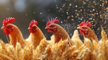 Four colorful toy chickens standing in golden wheat, surrounded by a blurred, vibrant background photo