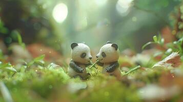 Two adorable panda cubs playfully sharing bamboo in a lush, vibrant forest setting photo