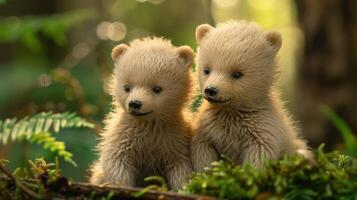 Two adorable bear cubs sitting on a mossy log surrounded by lush greenery in a serene forest photo
