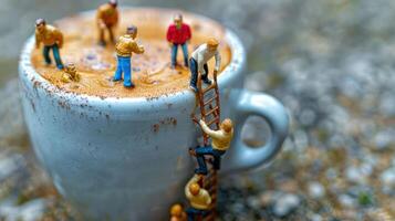 miniatura cifras alpinismo y interactuando en un café taza, exhibiendo creatividad y imaginación foto