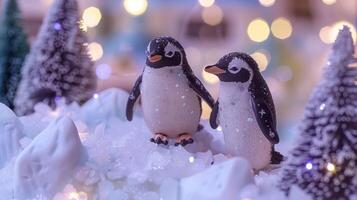Two adorable penguin figurines standing on snowy terrain surrounded by festive decorations photo