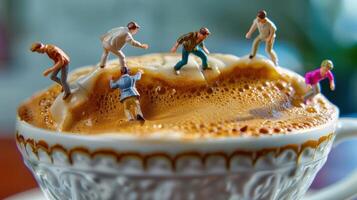 Miniature figurines climbing on a frothy coffee cup, showcasing a whimsical and playful scene photo