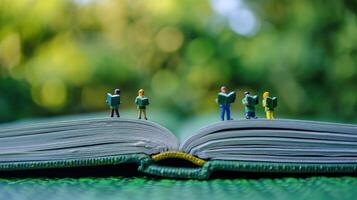 Miniature figures reading on an open book in a lush green outdoor setting, illustrating knowledge photo