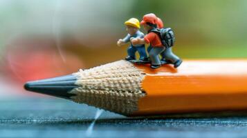 Miniature figures climbing a giant pencil, showcasing creativity and imagination in a vibrant setting photo
