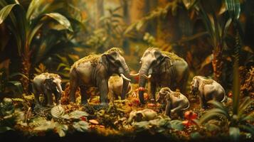A serene gathering of elephants in a lush, vibrant jungle setting surrounded by foliage and mushrooms photo