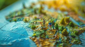 Miniature figures exploring a colorful map of a mountainous region with lush greenery photo