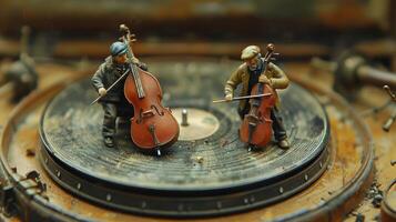 Miniature musicians playing cellos on a vintage turntable amidst a dusty, nostalgic setting photo