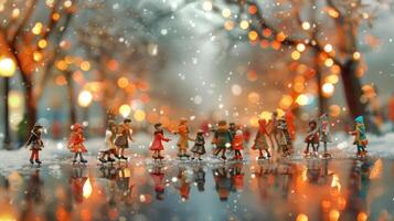 Miniature figures walking through a snowy street with festive lights reflecting in puddles photo