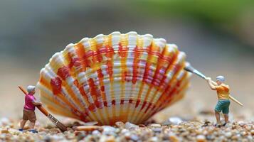 Miniature figures painting a large seashell on a sandy beach with blurred greenery in the background photo