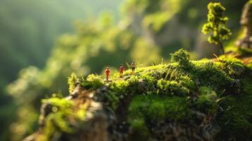 Miniature figures exploring a lush green landscape, surrounded by vibrant nature and distant hills photo