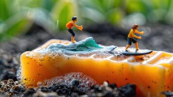 Miniature surfers riding waves on a soap bar, surrounded by greenery and bubbles, playful scene photo