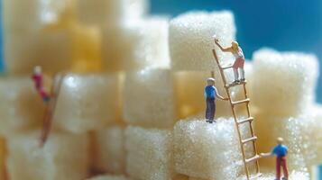Miniature figures constructing a sugar cube tower against a bright blue background photo