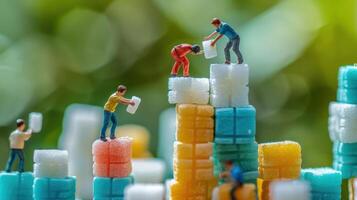 Miniature figures stacking sugar cubes in a vibrant outdoor setting with blurred greenery photo